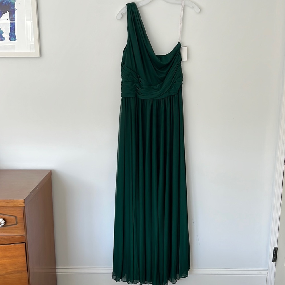 David's Bridal One-Shoulder Bridesmaid Dress with Full Skirt Juniper